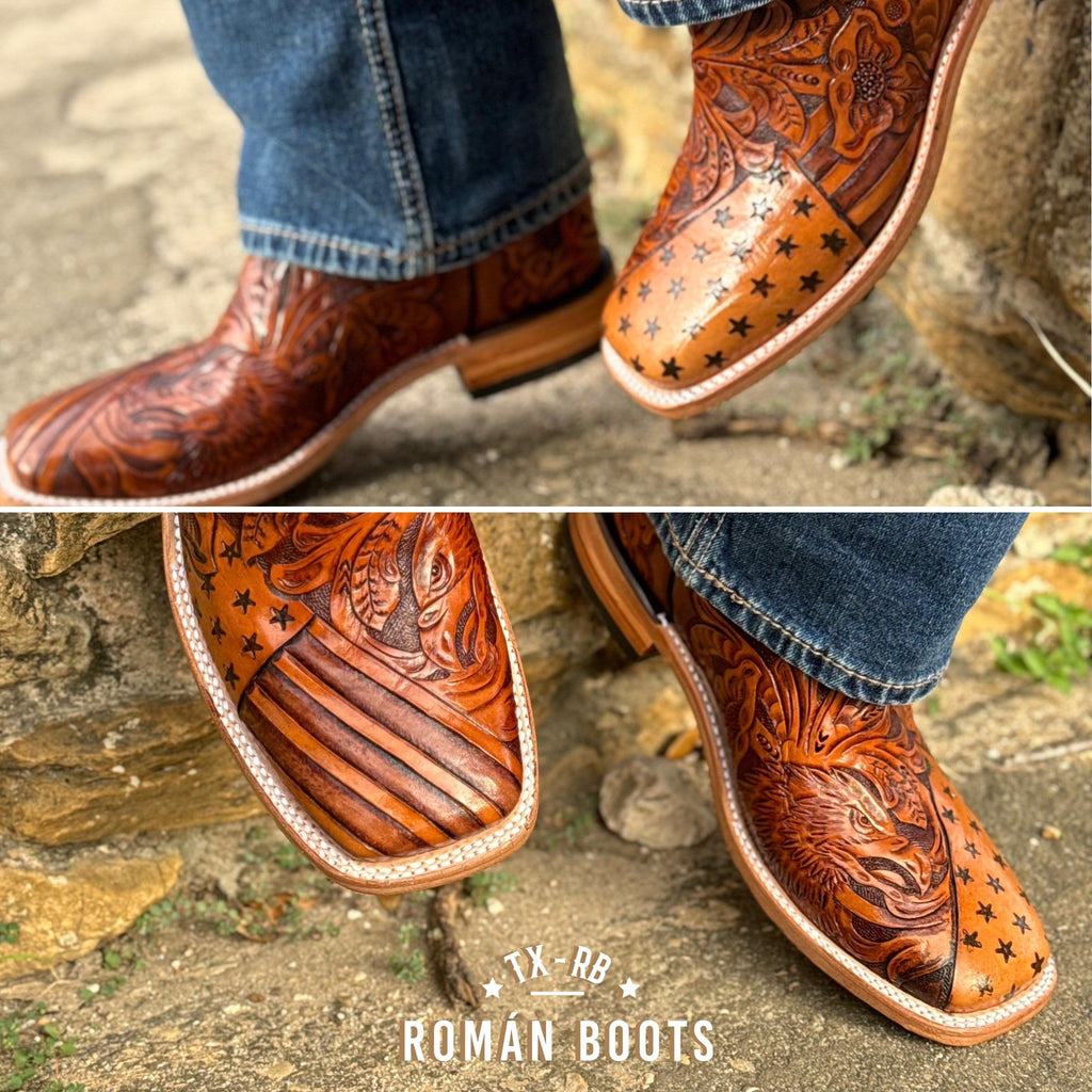 Men's Hand Tooled Cowboy Boots - American Flag w/ Bald Eagle