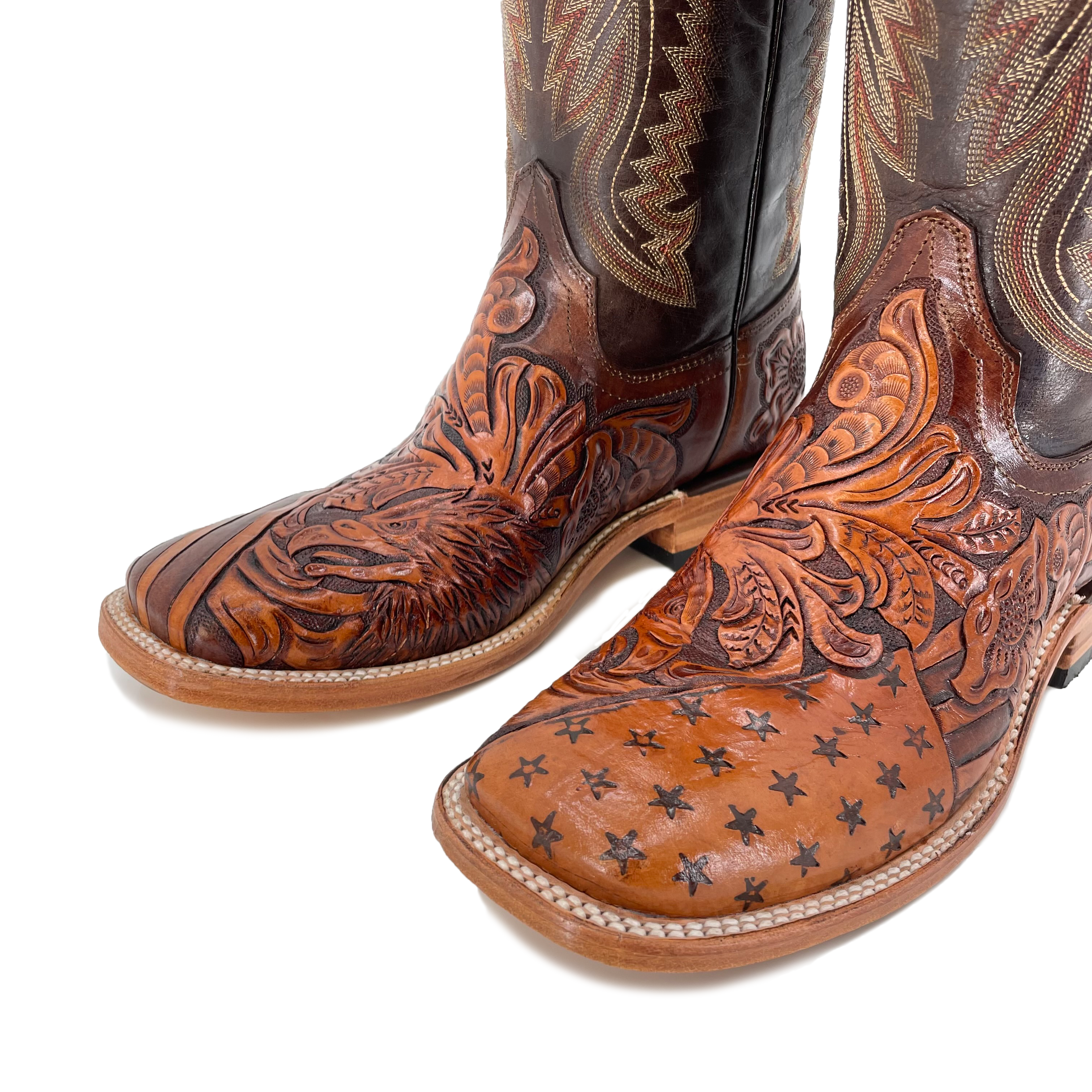 Men's Hand Tooled Cowboy Boots - American Flag w/ Bald Eagle