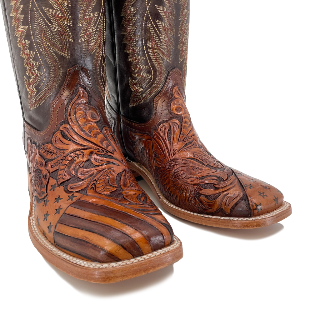 Men's Hand Tooled Cowboy Boots - American Flag w/ Bald Eagle