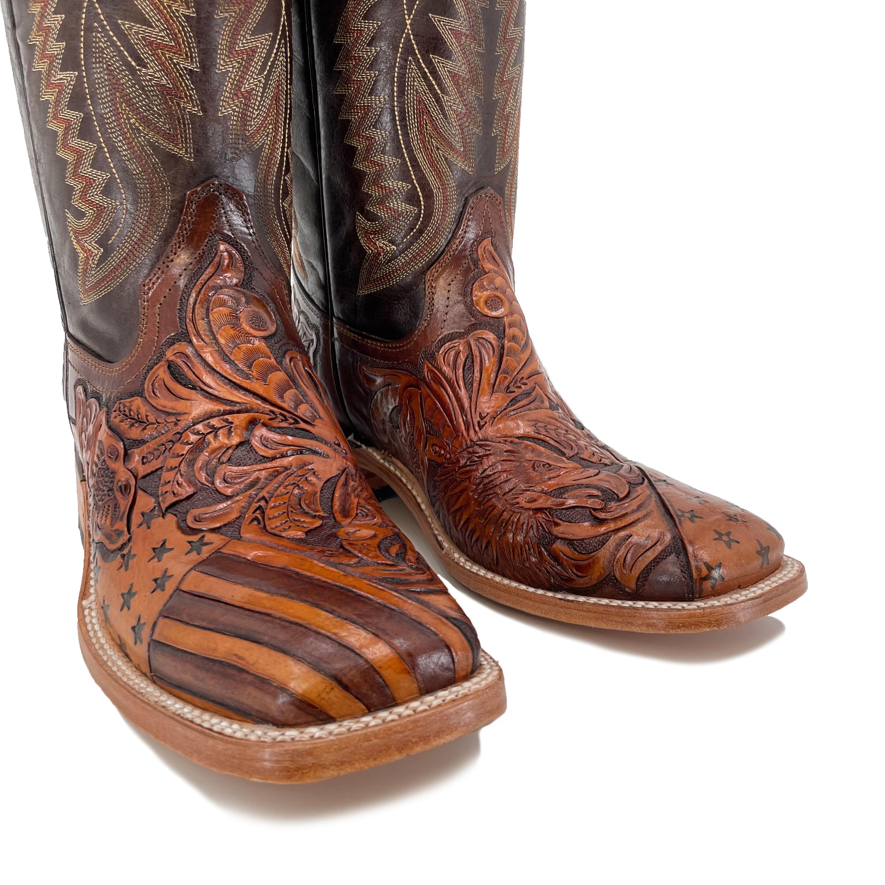 Men's Hand Tooled Cowboy Boots - American Flag w/ Bald Eagle