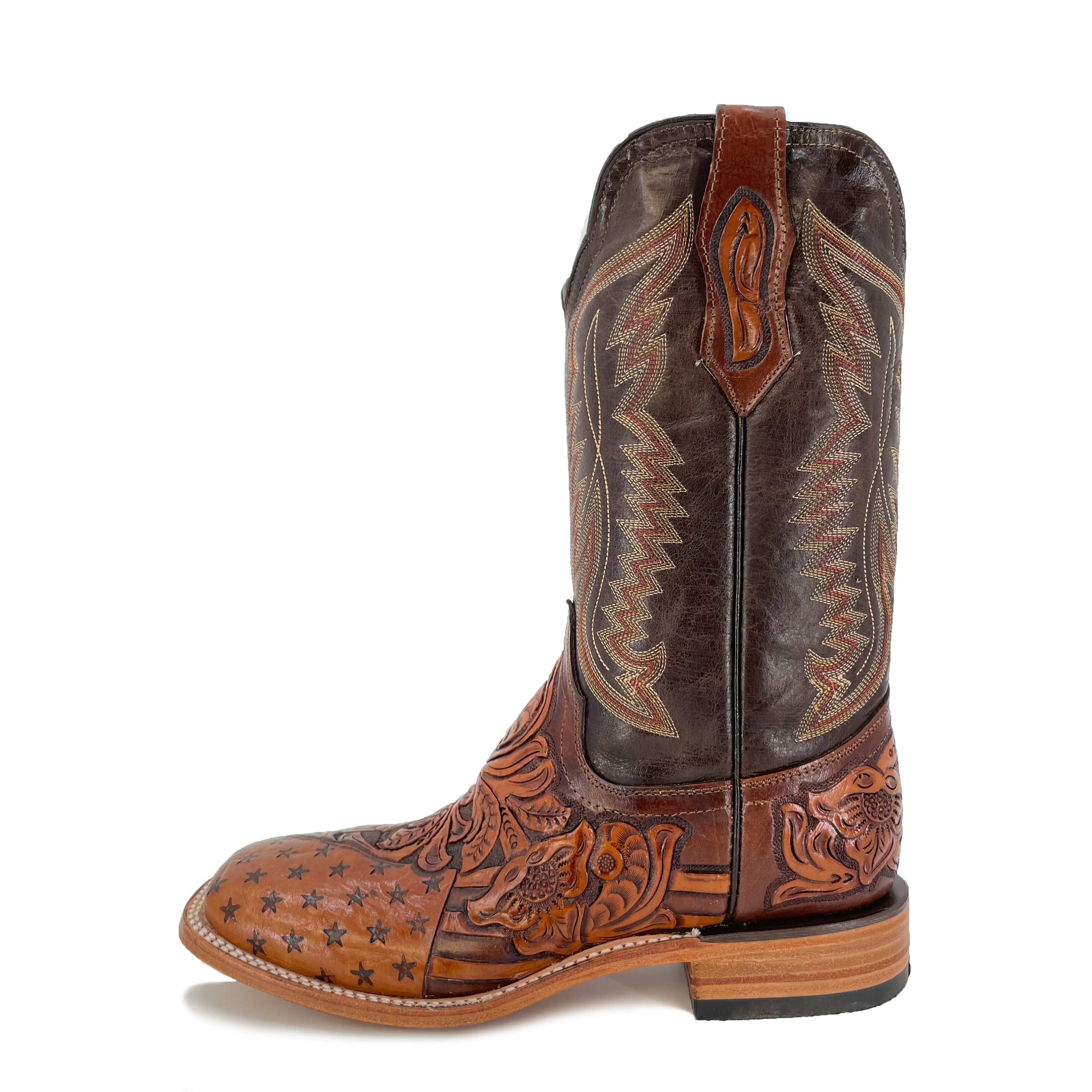 Men's Hand Tooled Cowboy Boots - American Flag w/ Bald Eagle