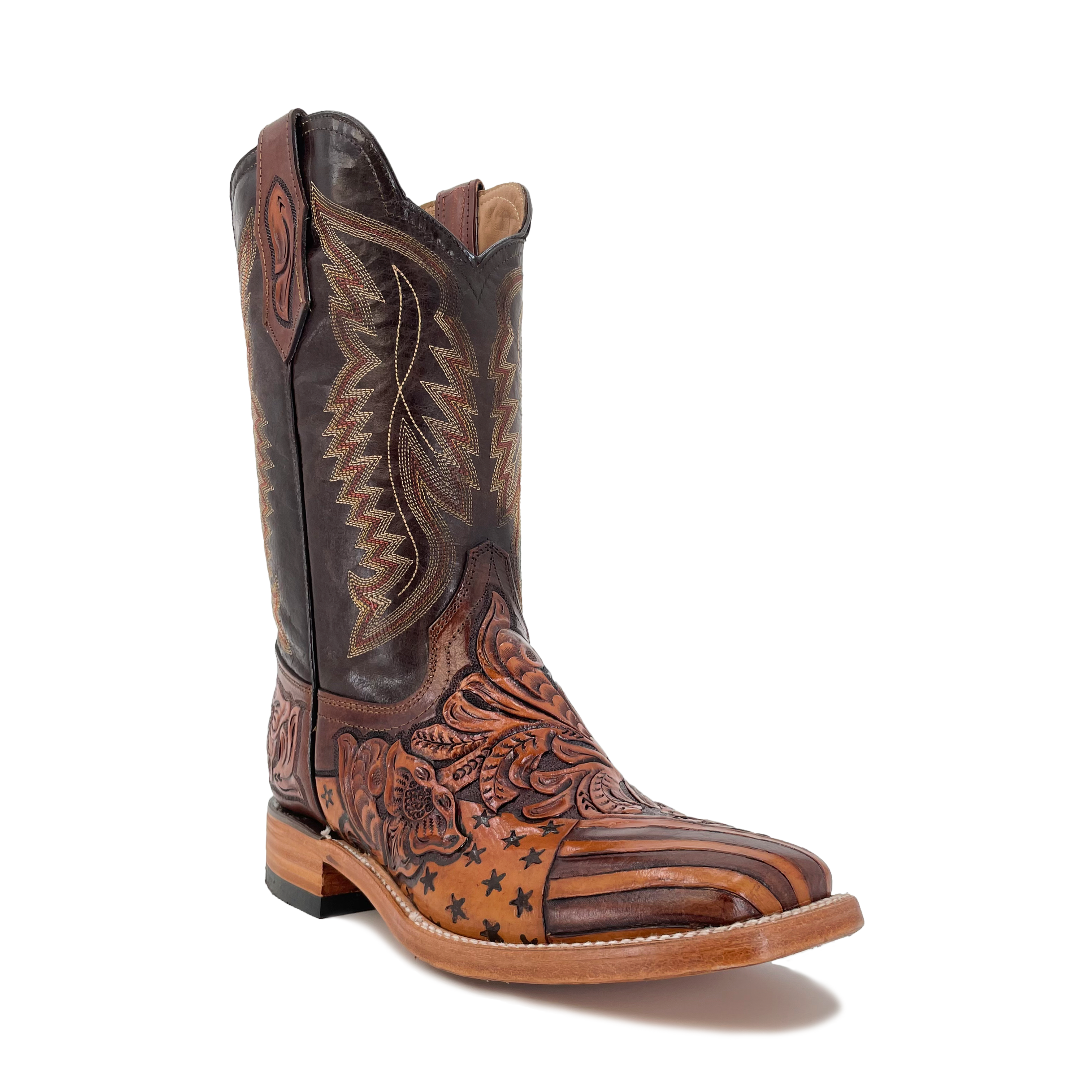 Men's Hand Tooled Cowboy Boots - American Flag w/ Bald Eagle
