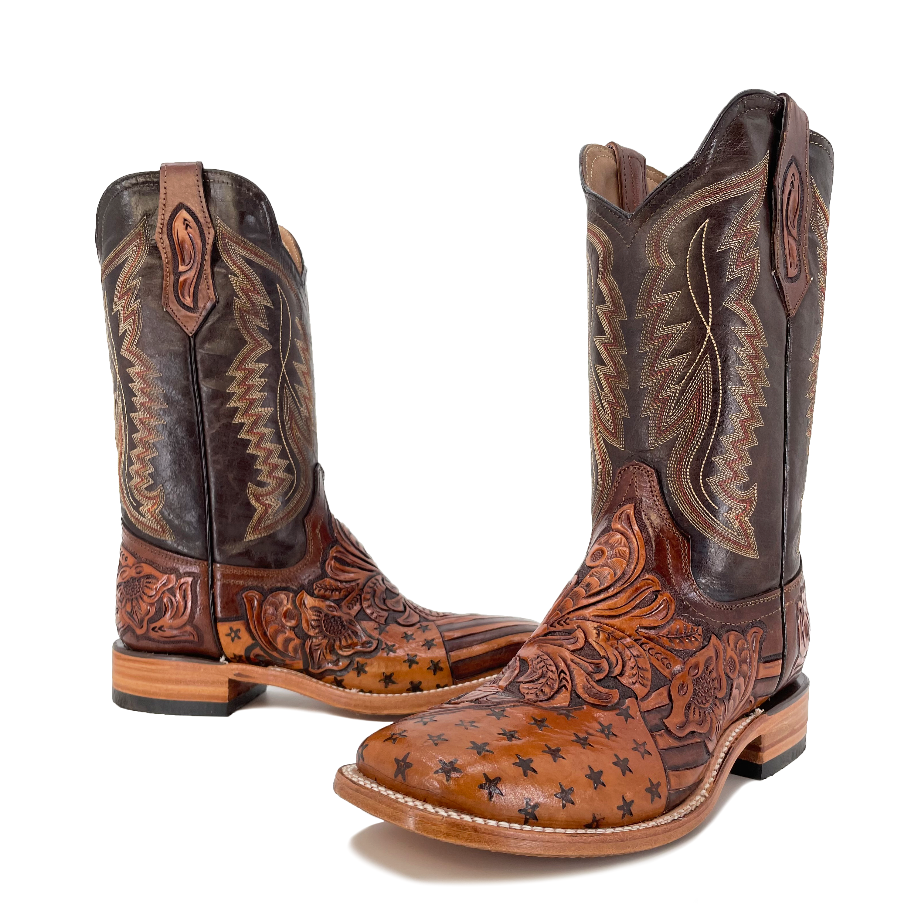 Men's Hand Tooled Cowboy Boots - American Flag w/ Bald Eagle