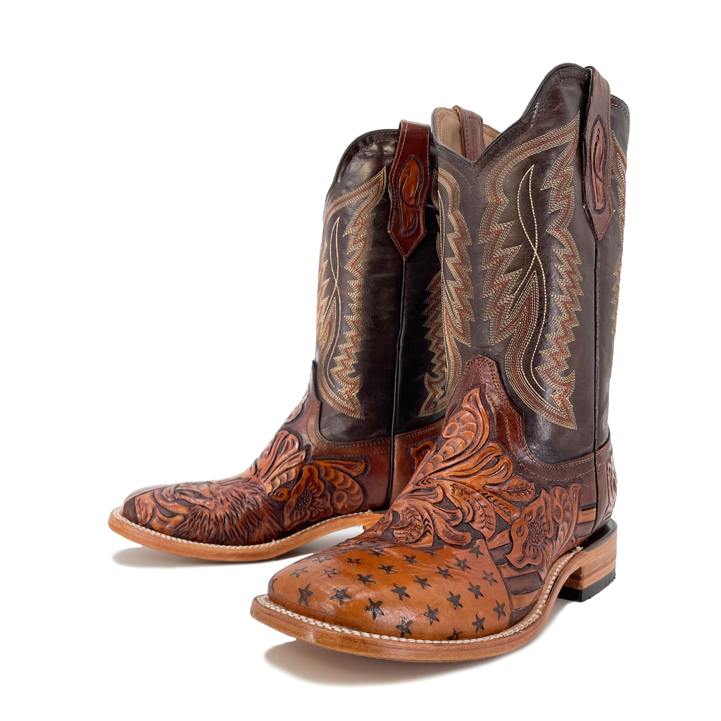 Men's Hand Tooled Cowboy Boots - American Flag w/ Bald Eagle