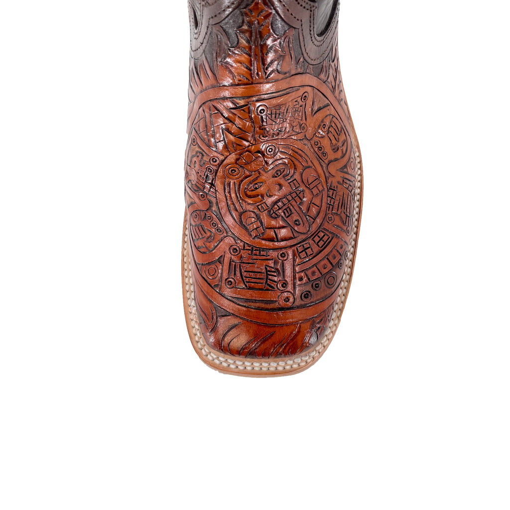 Men's Hand Tooled Cowboy Boots - Aztec Calendar Bitone