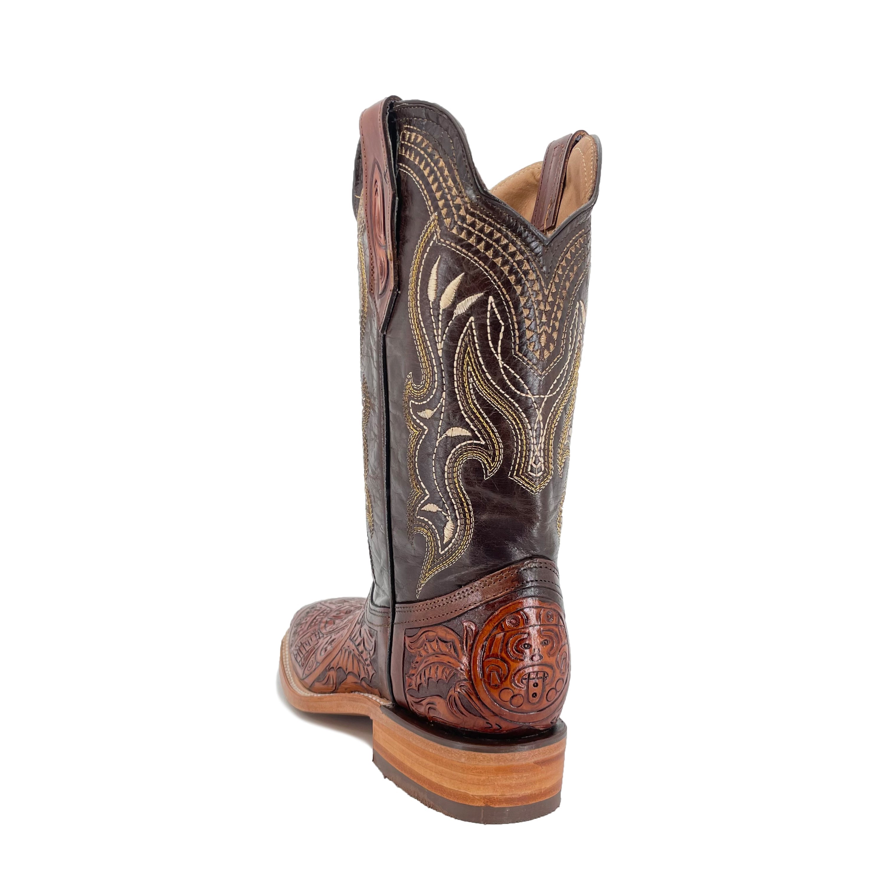 Men's Hand Tooled Cowboy Boots - Aztec Calendar Bitone
