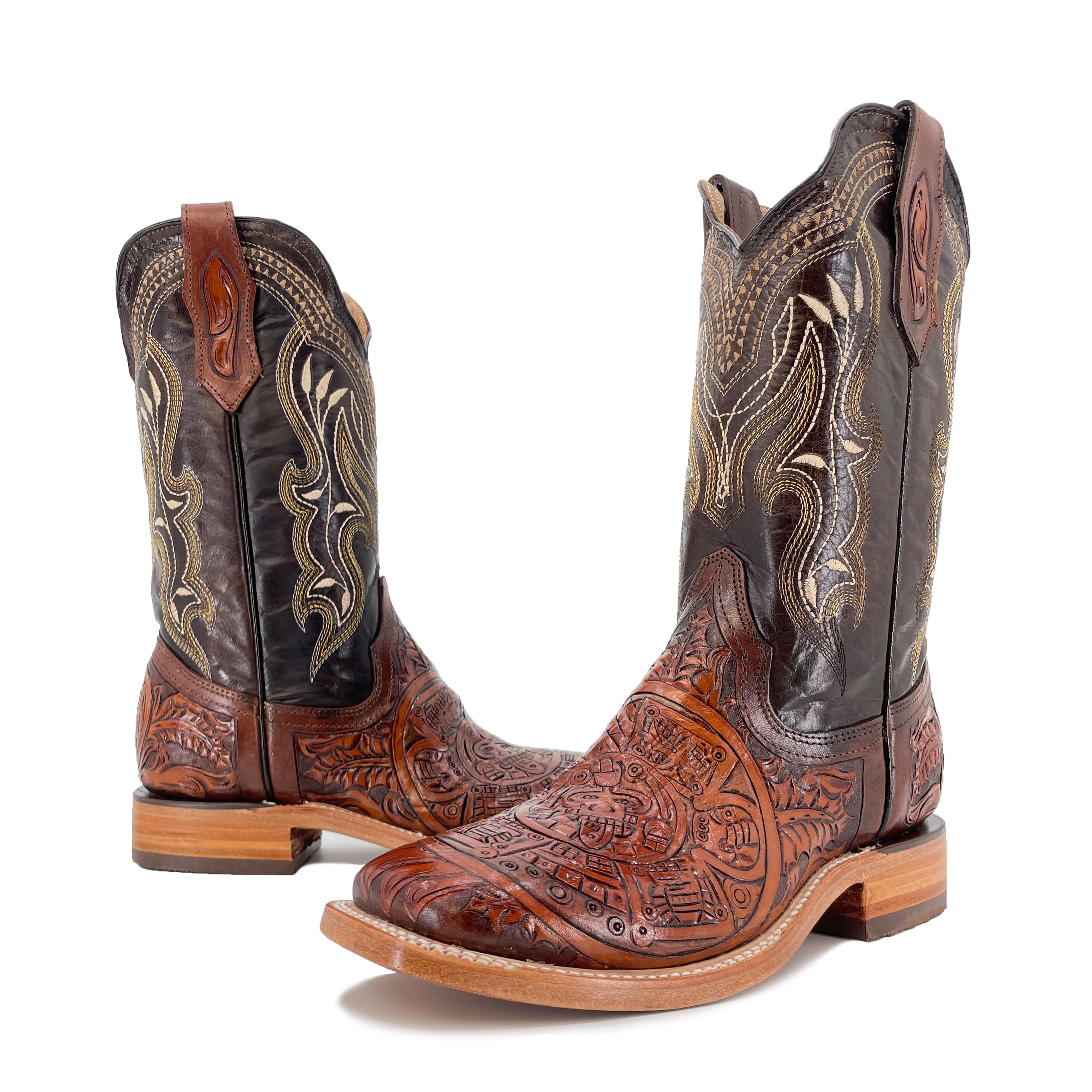 Men's Hand Tooled Cowboy Boots - Aztec Calendar Bitone