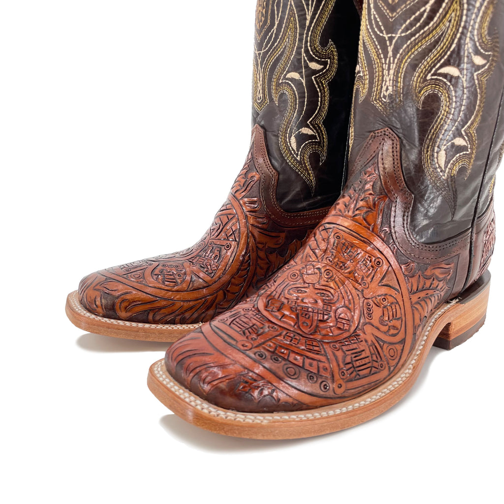 Men's Hand Tooled Cowboy Boots - Aztec Calendar Bitone