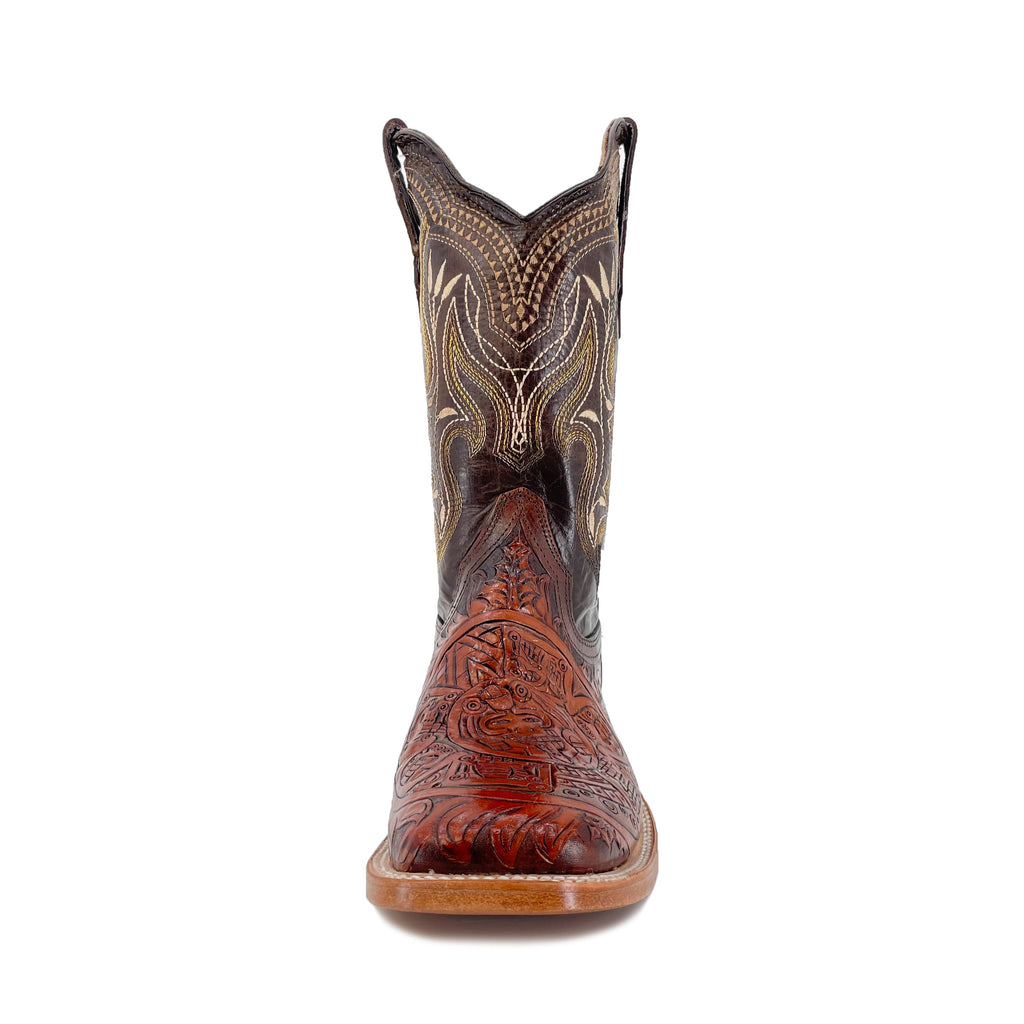 Men's Hand Tooled Cowboy Boots - Aztec Calendar Bitone