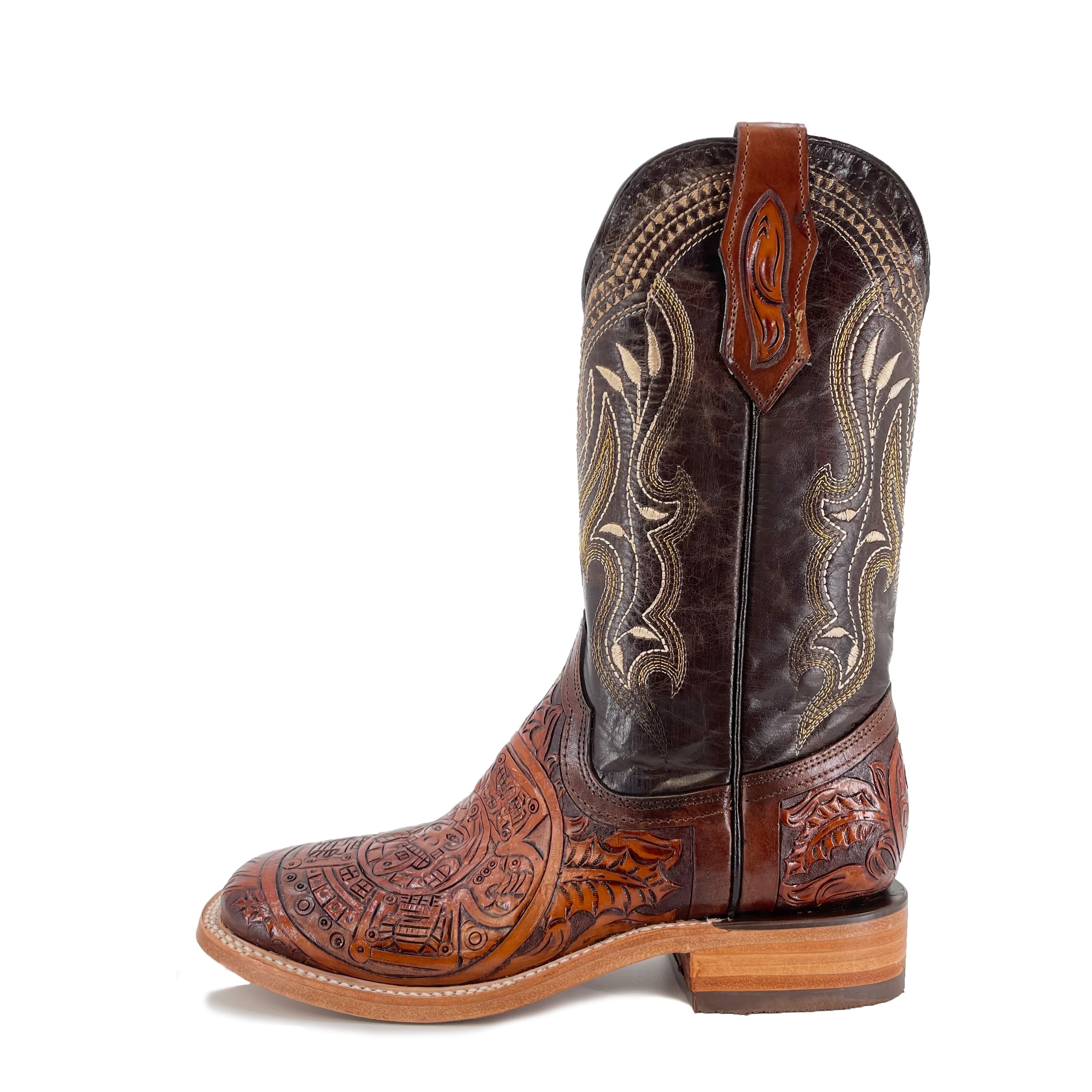 Men's Hand Tooled Cowboy Boots - Aztec Calendar Bitone