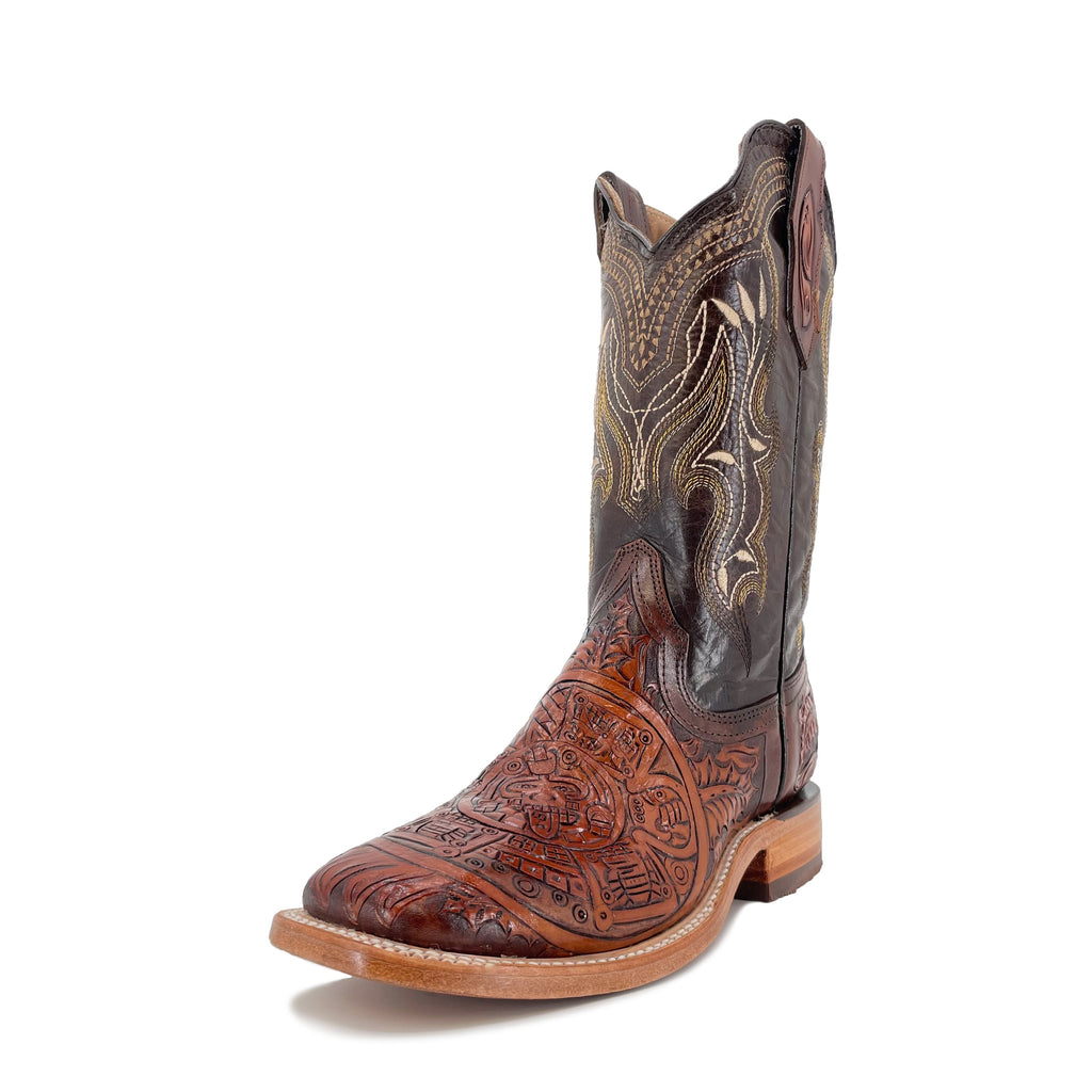Men's Hand Tooled Cowboy Boots - Aztec Calendar Bitone