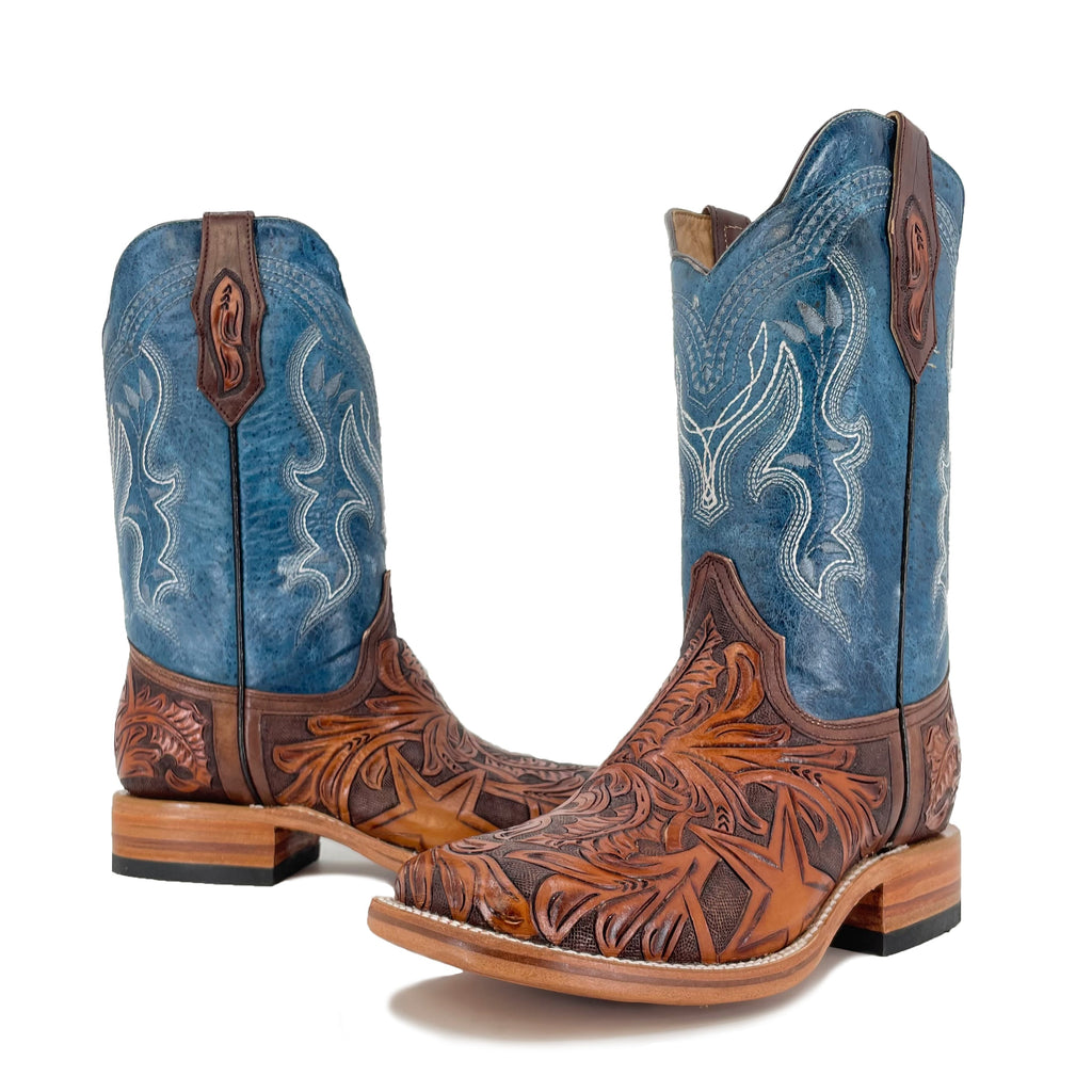 Men Hand Tooled Cowboy Boot - Lone Star Texas Flag